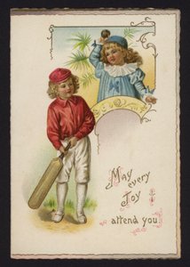 Chlapec a dívka hrající kriket, blahopřání, konec 19. nebo začátek 20. století od English School