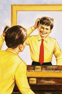 Chlapec si češe vlasy v zrcadle s tenkou vrstvou stříbra. od English School