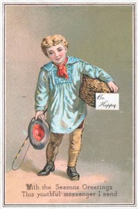 Chlapec přináší dárkový koš, vánoční přání od English School