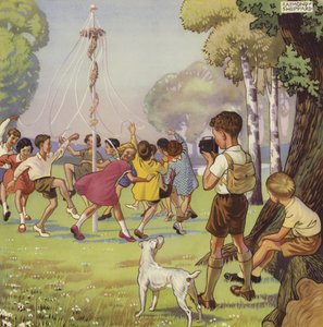 Chlapec natáčí děti tančící kolem májového pólu (barevné lito) od English School