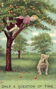 Chlapec v jabloni, se psem dole čeká, až spadne (barva litho) od English School