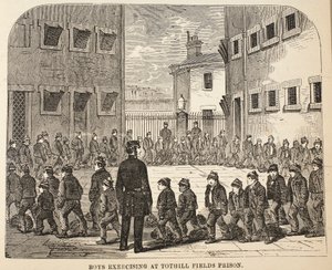 Chlapci cvičí ve věznici Tothill Fields, ilustrace z knihy The Criminal Prisons of London and Scenes from Prison Life od Henryho Mayhewa a Johna Binnyho, vyd. 1862 od English School