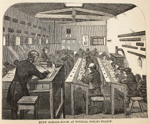 Chlapecká školní třída ve věznici Tothill Fields, ilustrace z knihy The Criminal Prisons of London and Scenes from Prison Life od Henryho Mayhewa a Johna Binnyho, vyd. 1862 od English School
