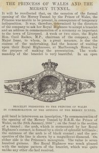 Náramek darovaný princezně z Walesu na památku otevření tunelu Mersey (rytina) od English School