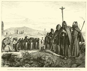 Bratři z Misericordia nesoucí tělo muže, který byl zabit v římské Campagna od English School