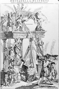 Britannia in Distress Under a Tottering Fabric s těžkopádným nákladem, cca 1756 od English School