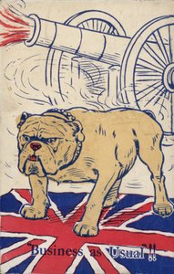 Britský buldok s vlajkou Unie a střílejícím dělem (barevná litografie) od English School