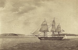 Britská fregata HMS Fisgard, které velí kapitán Thmas Byam Martin, při průzkumu u Brestu ve Francii (litografie) od English School