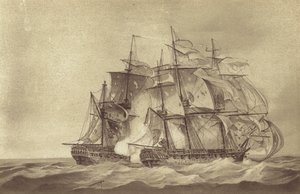 Britská fregata HMS Santa Margarita, které velel kapitán Thomas Byam Martin, zachycující francouzskou fregatu Tamise, červen 1796 (litho) od English School