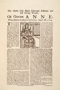 Broadside publikoval o smrti královny Anny, v neděli 1. srpna 1714 (tisk a dřevoryt) od English School