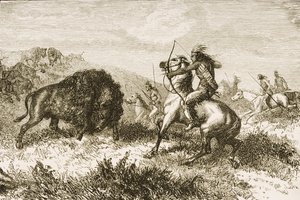 Lov buvolů na Great Plains mezi St. Louis a Denverem, kolem roku 1870, z 