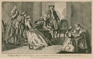 Stavění domů s kartami z originálního obrazu ve Vauxhall Gardens v Londýně od English School