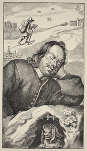 Bunyans Dream, frontispis The Pilgrims Progress od Johna Bunyana (1628-88), 4. vydání, pub. 1680 (sépiová fotografie) od English School