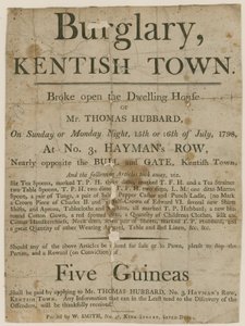 Vloupání do Kentish Town v roce 1798. Odměna 5 liber od English School