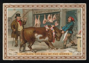 Řezník táhne býka do svého obchodu, vánoční přání. (chromolitho) od English School