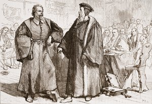 Calvin a Servetus před Ženevským koncilem, ilustrace z Historie protestantismu od Jamese Aitkena Wylie (1808-1890), pub. 1878 od English School