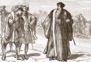 Calvin uražen Libertines na Rhone Bridge, ilustrace z Historie protestantismu od Jamese Aitkena Wylie (1808-1890), hospoda. 1878 od English School