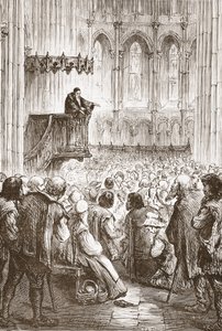 Calvin káže své kázání na rozloučenou v očekávání vyhnanství, ilustrace z Historie protestantismu od Jamese Aitkena Wylie (1808-1890), hospoda. 1878 od English School