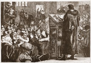 Calvin vyhrožoval v kostele Rive, ilustrace z Historie protestantismu od Jamese Aitkena Wylie (1808-1890), hospoda. 1878 od English School