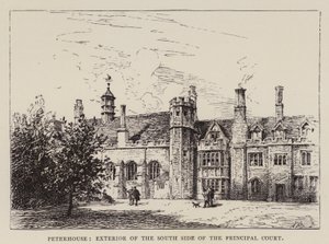 Cambridge: Peterhouse, exteriér jižní strany hlavního soudu (lept) od English School