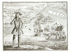 Kapitán Bartholomew Roberts (1682-1722) se dvěma loděmi, Royal Fortune a Ranger, vyplouvá na Whydah Road na pobřeží Guiney, 11. ledna 172?, z knihy A General History of the Robberies and Mu od English School