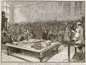 Kapitán Kidd před pultem Dolní sněmovny, ilustrace z Cassells Illustrated History of England (sépiová fotografie) od English School
