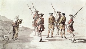 Zajetí rebela, Simon Fraser, Lord Lovat (1667?-1747) (akvarel na papíře) od English School