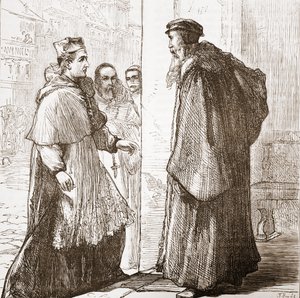 Kardinál Sadoleto navštíví Calvina, ilustrace z Historie protestantismu od Jamese Aitkena Wylie (1808-1890), hospoda. 1878 od English School