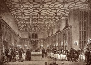 Kardinál Wolsey bavící francouzské velvyslance v paláci Hampton Court, z „Historie paláce Hampton Court v Tudor Times“ od Ernesta Lawa, vydáno v Londýně 1885 od English School