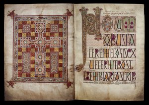 Kobercový list a incipitový list uvozující dopis svatého Jeronýma papeži Damasovi, Cotton Nero D. IV, f.2v a f.3r z Lindisfarne Gospels, 710-721 (pergamen) od English School