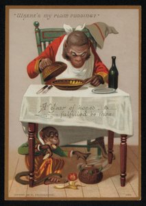 Karikatura opic a švestkový pudink, novoroční přání. (chromolitho) od English School