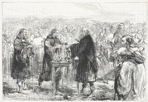 Slavení eucharistie u husitů na poli u Prahy, ilustrace z Dějin protestantismu od Jamese Aitkena Wylie (1808-1890), hospoda. 1878 od English School
