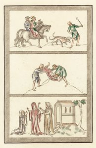 Cenelm, král Mercie, lov, vražda krále, abatyše, jeptišky a anachorita (barevná rytina) od English School