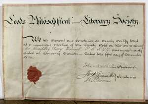 Osvědčení o čestném členství sira Humphryho Davyho (1778-1829) v Leeds Philosophical and Literary Society, 5. prosince 1823 od English School