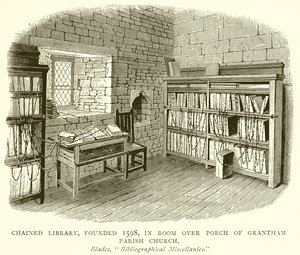 Chained Library, založená 1598, v Room over Porch of Grantham Parish Church od English School