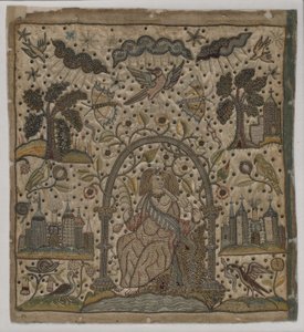 Charita pod obloukem, cca 1640 (hedvábí, kovové nitě a flitry na saténu) od English School