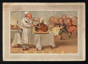 Šéfkuchař vyřezává švestkový pudink, vánoční přání. (chromolitho) od English School