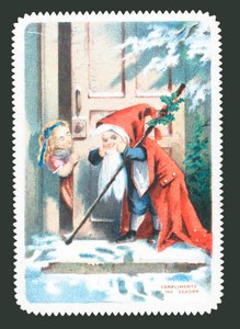 Dítě oblečené jako Santa klepe na dveře, vánoční přání od English School