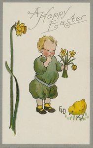 Dítě sbírající narcisy (barevná litografie) od English School