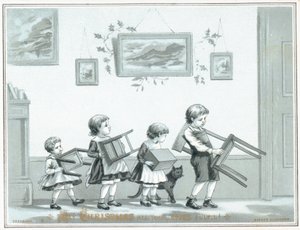 Děti nesoucí židli a stoličky, vánoční přání od English School