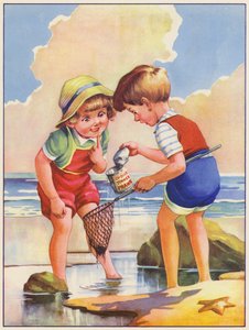 Děti rybařící ve skalní tůni u moře (barevná litografie) od English School