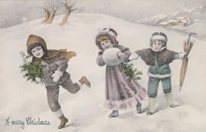 Děti na sněhu, viktoriánská pohlednice (print) od English School
