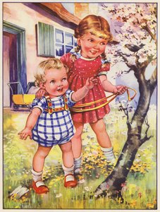 Děti na zahradě s kosem (barevná litografie) od English School