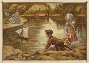 Děti spouštějí model jachty (barva litho) od English School