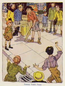 Děti hrají kriket na ulici (barva litho) od English School