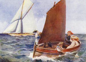 Děti se plaví a sledují projíždějící jachtu (barva litho) od English School