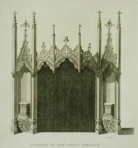 Komín ve velkém salonu Strawberry Hill, vyrytý T. Morrisem, z „Description of Strawberry Hill“ od Horace Walpolea od English School