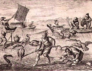Čínští rybáři používající kormorány k lovu ryb, ilustrace z popisu velvyslanectví v Číně od English School