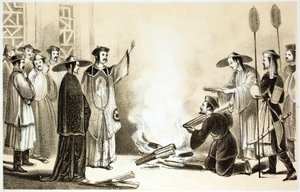 Čínský úředník předsedající pálení předmětů, možná knih od English School