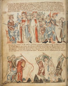 Kristus před Herodem a před Pilátem; Herodes si myje ruce; bičování Krista, Add. 47682, f.30v, c.1320-30 (vellum) od English School